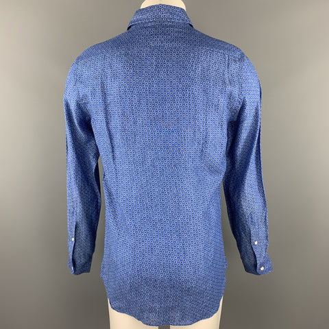 FOURSPORT Size S Blue Print Linen Button Up Long Sleeve Shirt