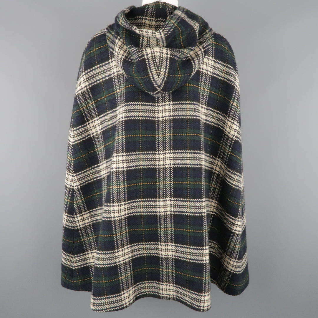 SAINT LAURENT Size 8 Blue & Green Plaid Wool Hooded Cape