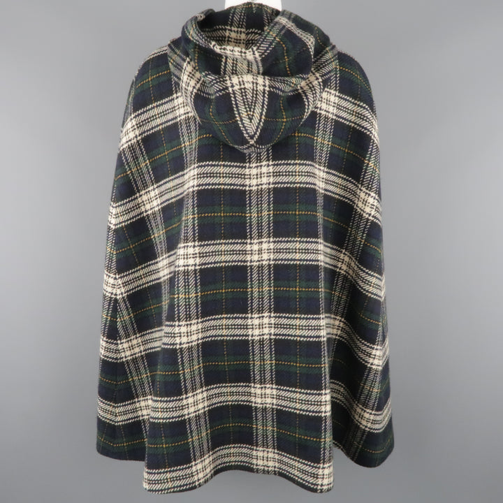 SAINT LAURENT Size 8 Blue & Green Plaid Wool Hooded Cape