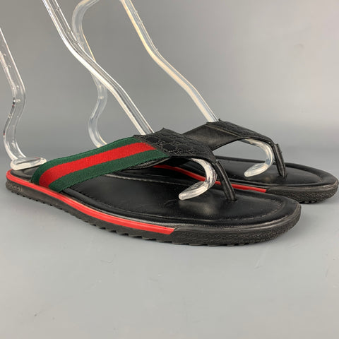 GUCCI Talla 9 Sandalias de dedo de cuero de tejidos mixtos en negro y rojo