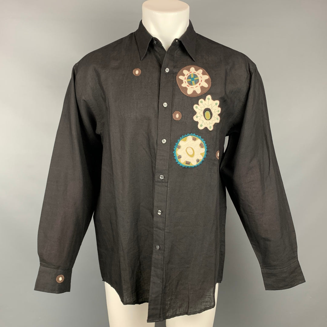PAUL SMITH Size M Black Applique Ramie / Cotton Button Up Long Sleeve Shirt