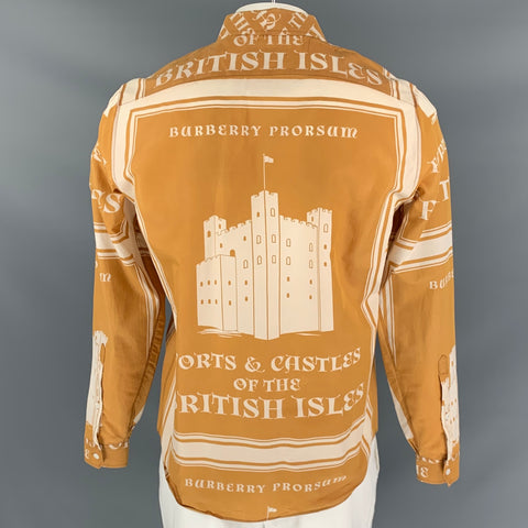 BURBERRY PRORSUM Spring 2015 Size L Mustard & White Print Cotton Silk Long Sleeve Shirt