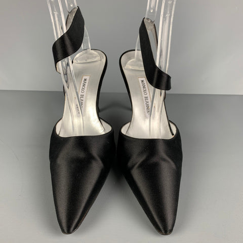 MANOLO BLAHNIK Size 8 Black Satin Solid Ankle Strap Pumps