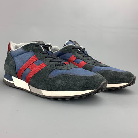 HOGAN H86RUN Size 11 Navy & Burgundy Color Block Leather Lace Up Sneakers