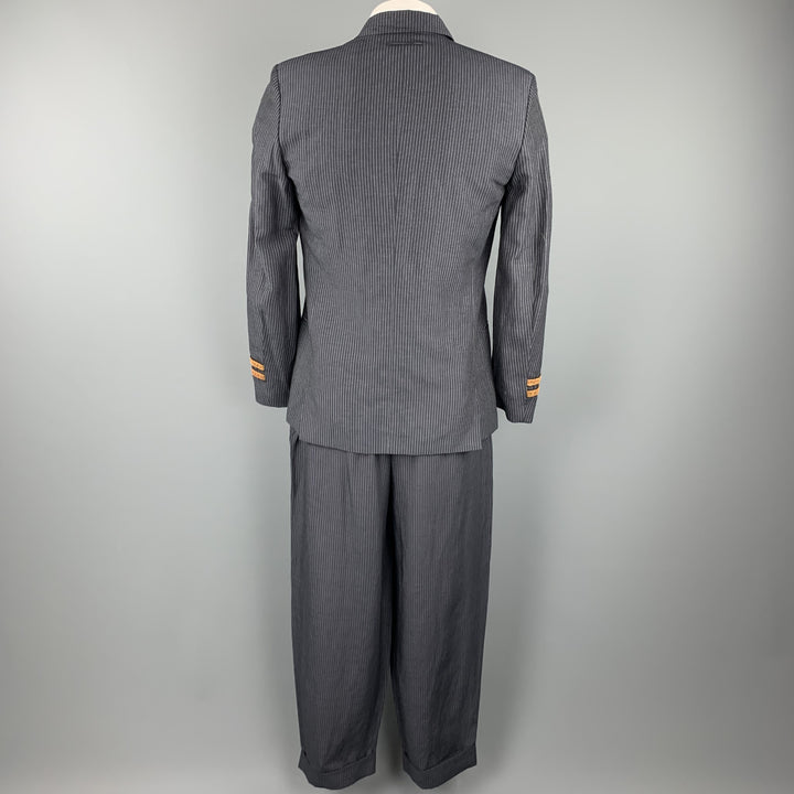 JEAN PAUL GAULTIER Size 40 Navy Pinstripe Linen / Mohair Double Breasted Suit