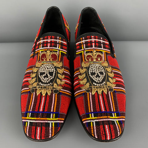 DONALD J PLINER Size 10 Multi-Color Beaded Skull Royal Crest Leather Slip On Loafers