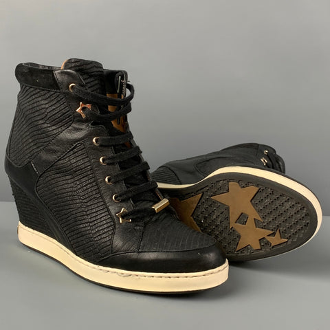 JIMMY CHOO Size 8 Black Leather Quilted Wedge Boots