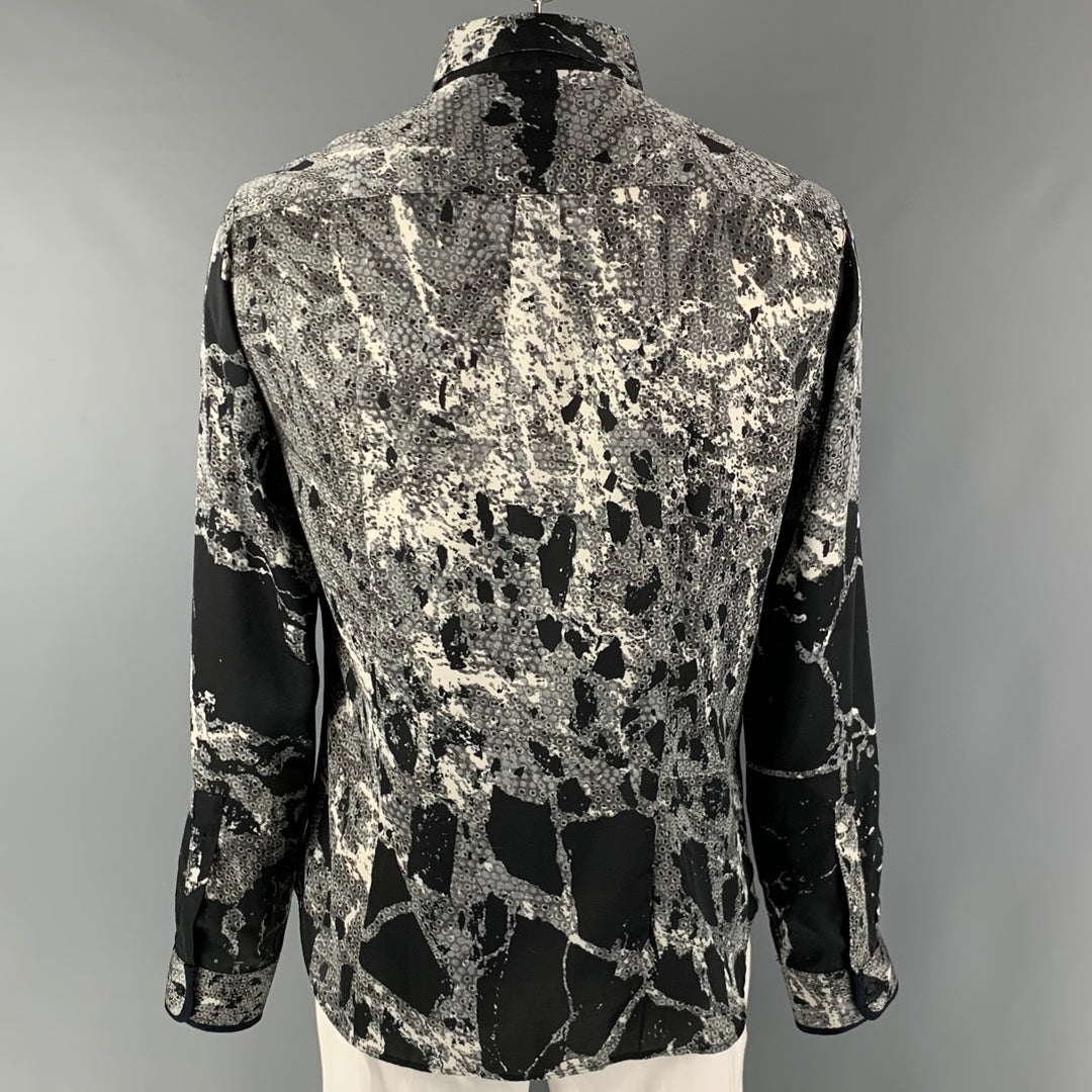 JUST CAVALLI Size XL Black White Abstract  Polyester Long Sleeve Shirt