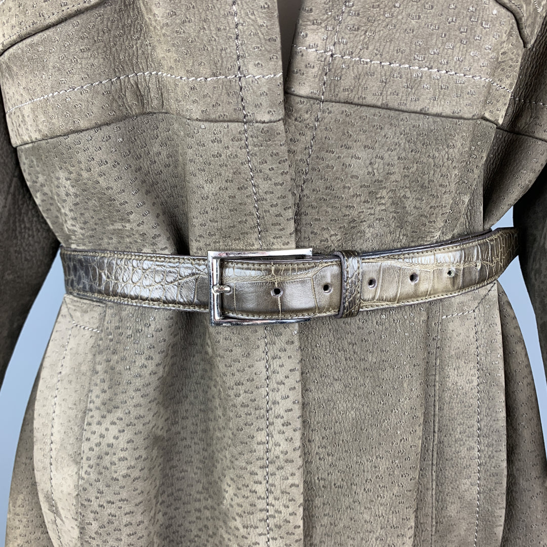 PRADA Taille S Manteau militaire en cuir suédé texturé vert olive avec ceinture en alligator