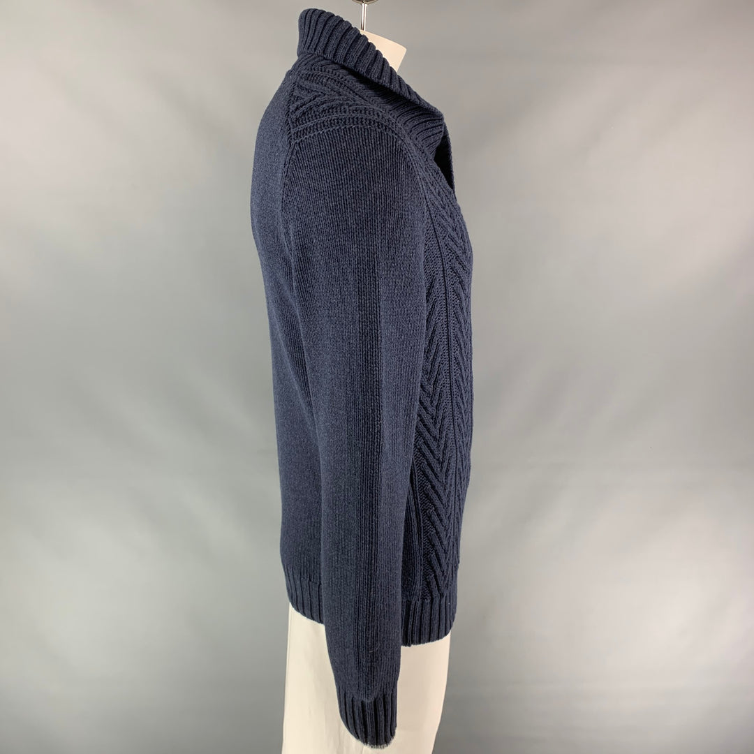 BRUNELLO CUCINELLI Size L Navy Knitted Cotton / Polyamide Shawl Collar Sweater