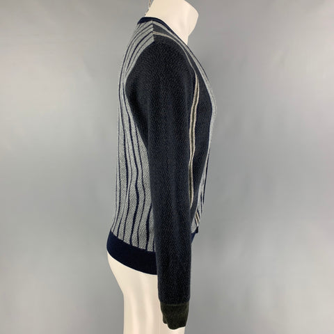 ETRO Size L Grey Blue Zig Zag Wool Cashmere V-Neck Cardigan