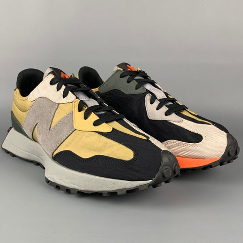 NEW BALANCE 327 Size 10.5 Black Orange Olive Color Block Nylon Sneakers