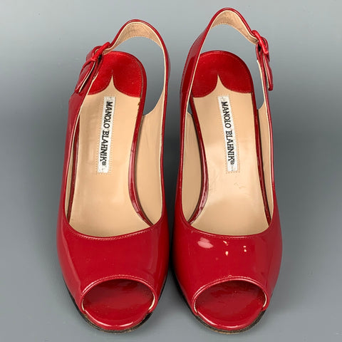 MANOLO BLAHNIK Size 6 Red Patent Leather Slingback Peep Toe Sandals