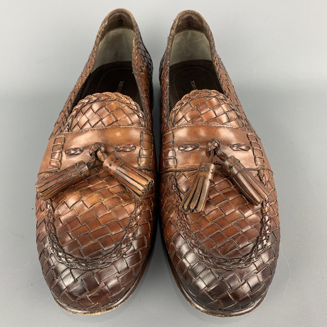TOM FORD Size 11 Tan Woven Leather Slip On Loafers