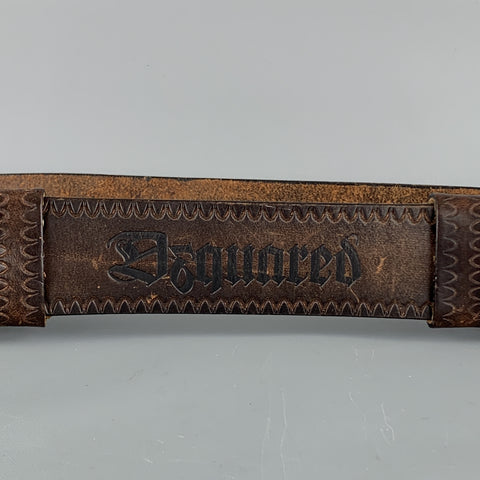 DSQUARED2 Size M Brown Leather Double Hoop Embossed Logo Belt