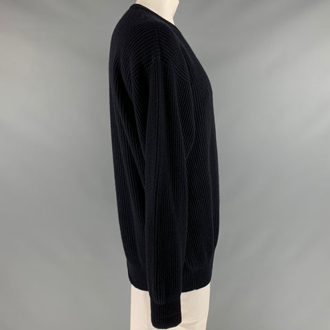 MANRICO Size XXL Navy Ribbed Knit Cashmere Crew-Neck Sweater