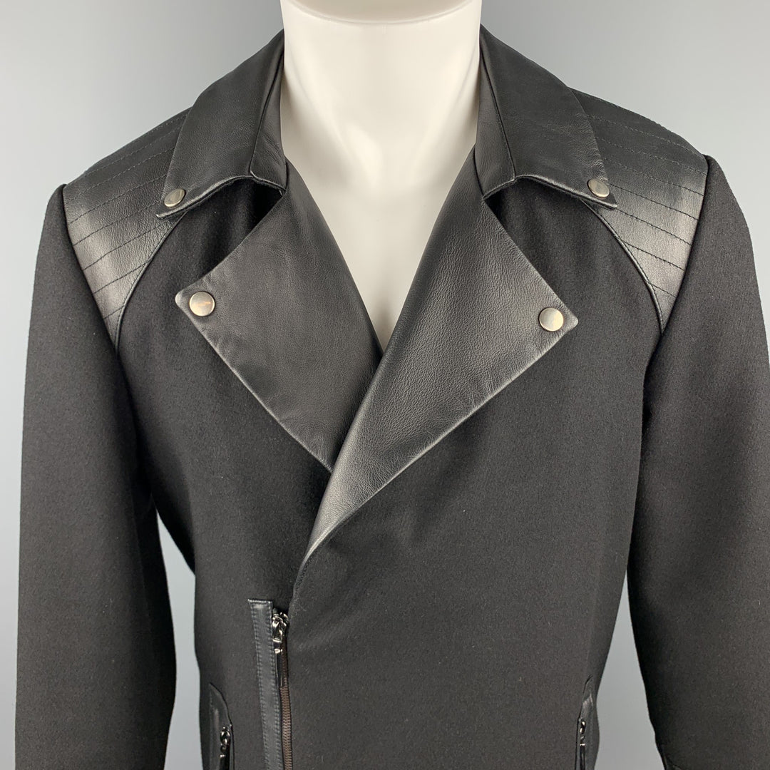 ROYGBM Size 40 Black Wool & Leather Asymmetrical Zip Biker Coat