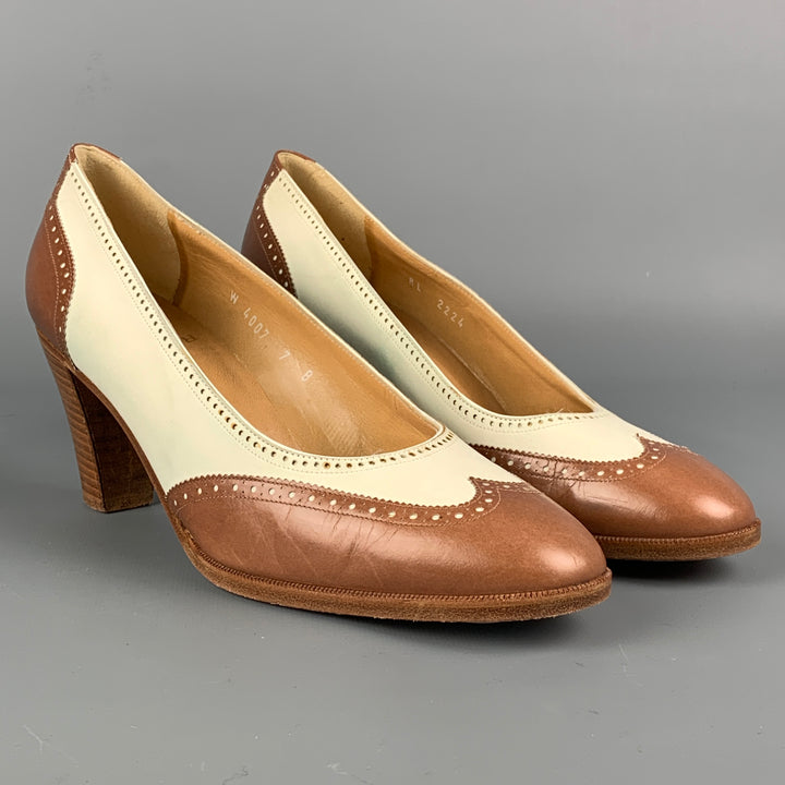 Vintage RALPH LAUREN Size 7 Tan & Cream Leather Perforated Pumps