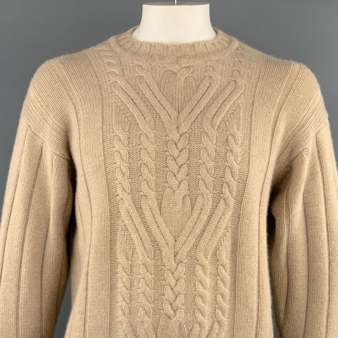 MANRICO Size L Tan Cable  Cashmere Crew-Neck Sweater