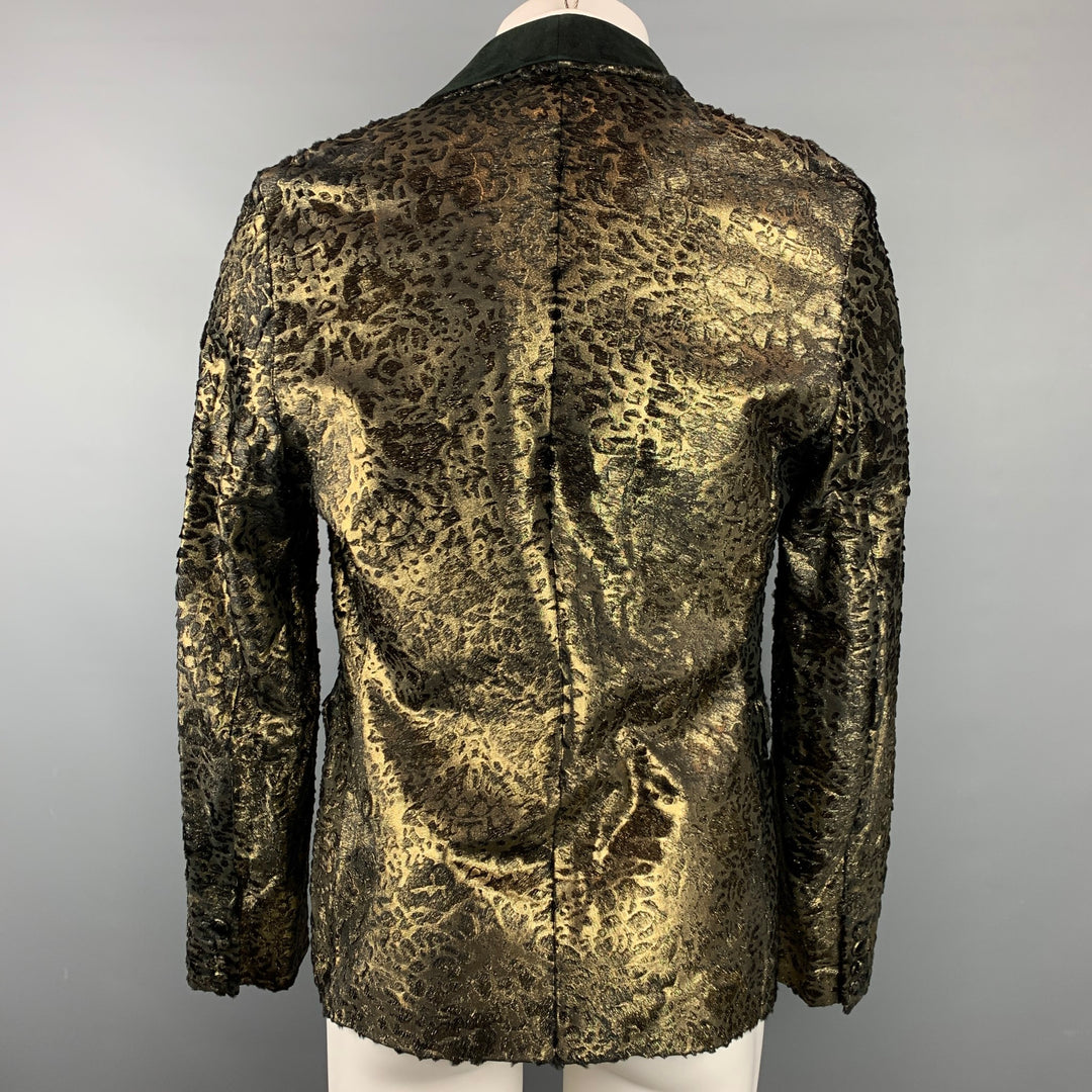 ROBERTO CAVALLI Size 42 Gold & Black Laser Pony Jacquard Leather Shawl Collar Sport Coat
