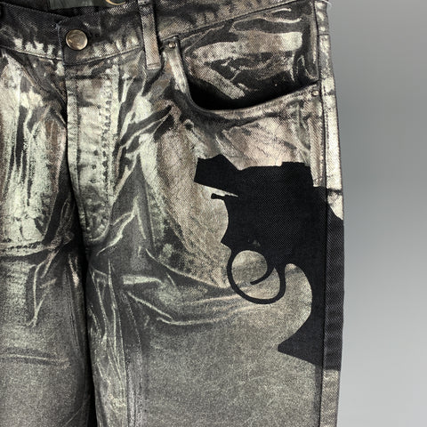 JUST CAVALLI Size 30 Black & Silver Metallic Painted Denim Pistol Jeans
