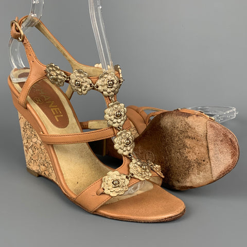 CHANEL Camelia Size 6.5 Tan & Gold Leather T-strap Cork Wedge Sandals