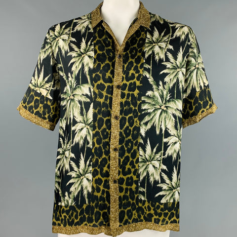 DRIES VAN NOTEN Taille XL Chemise à manches courtes en viscose imprimé vert noir