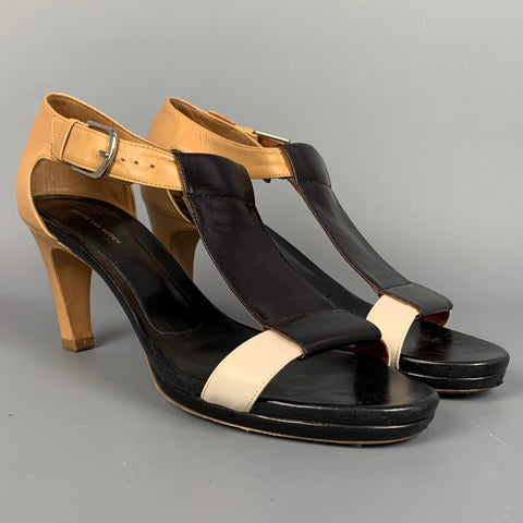 DRIES VAN NOTEN Size 8.5 Black & Tan Leather Color Block Sandals