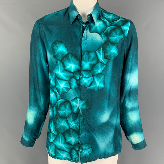 VERSACE Size M Green Print Silk Hidden Placket Long Sleeve Shirt