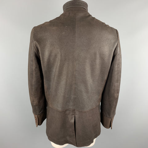 EMPORIO ARMANI Size L Brown Solid Leather Asymmetrical Coat