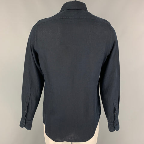 FINAMORE Size M Navy Linen Button Up Long Sleeve Shirt