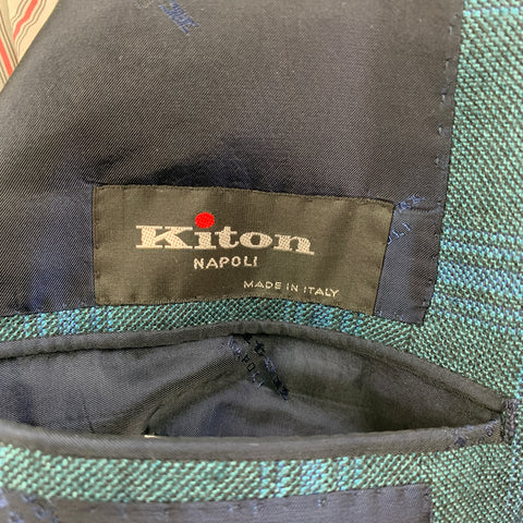 KITON Size 44 Dark Green Blue Plaid Cashmere Notch Lapel Sport Coat