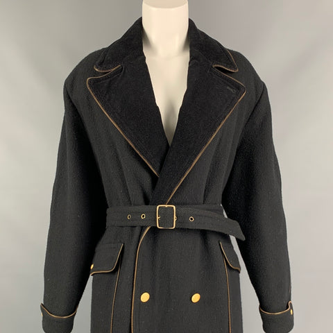 Vintage KANSAI YAMAMOTO Size M Black Wool Zipper Trim Belted Coat