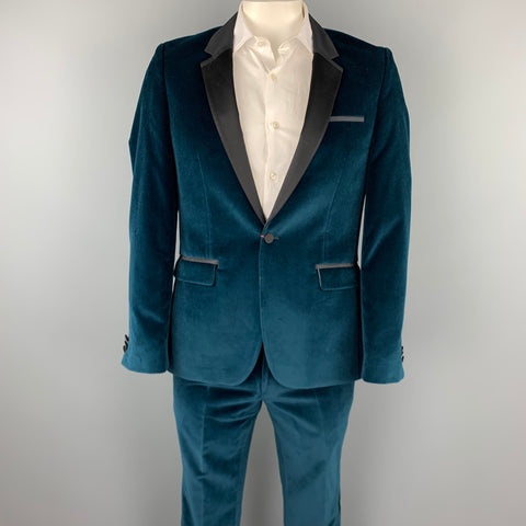 HUGO BOSS Size 40 Regular Teal Cotton Velvet Notch Lapel Tuxedo Suit