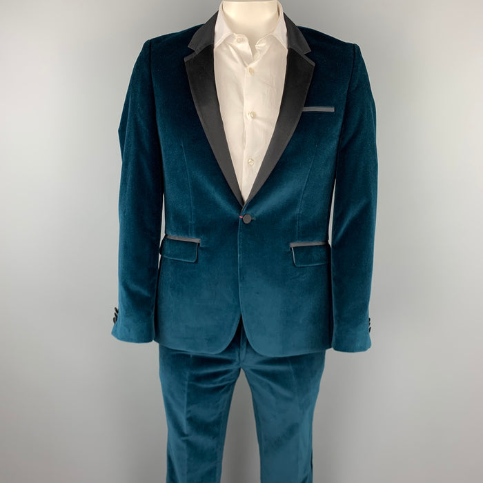 HUGO BOSS Size 40 Regular Teal Cotton Velvet Notch Lapel Tuxedo Suit
