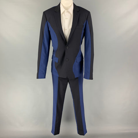 KENZO Size 38 Navy Blue Color Block Wool Mohair Notch Lapel Suit