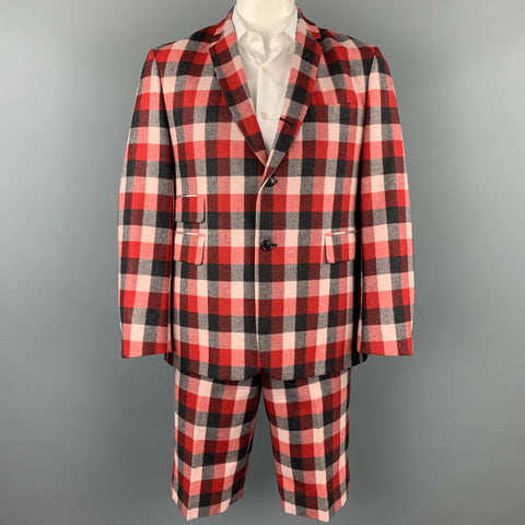 BLACK FLEECE Size 42 Red & Grey Plaid Wool Notch Lapel Shorts Suit