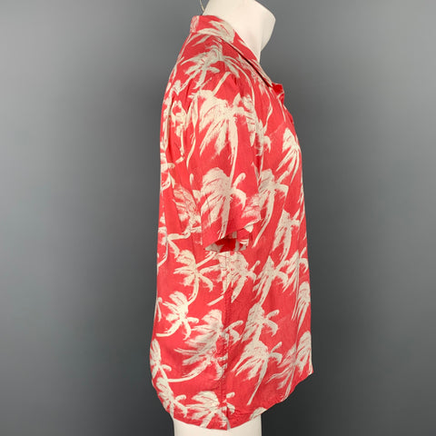 DOUBLE RAINBOUU Size S Pink & White Palm Tree Rayon Camp Short Sleeve Shirt