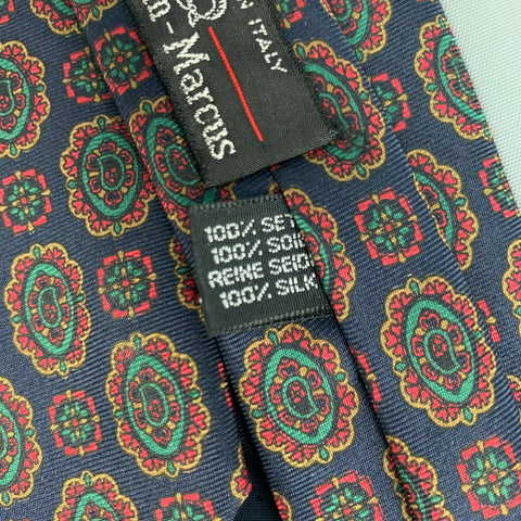 NEIMAN MARCUS Navy Multi-color Abstract Floral Silk Tie