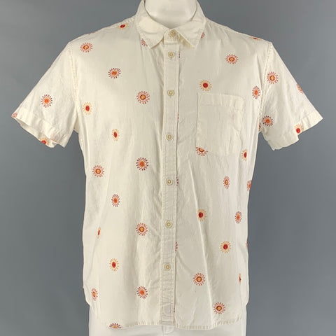 CORRIDOR Size XL White and Orange Linen & Cotton Button Down Short Sleeve Shirt