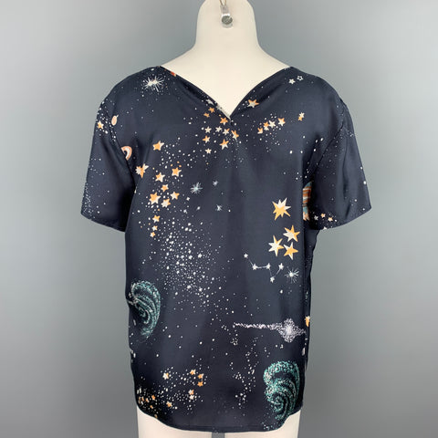 VALENTINO Spa Size L Navy Cosmo Print Silk Blouse