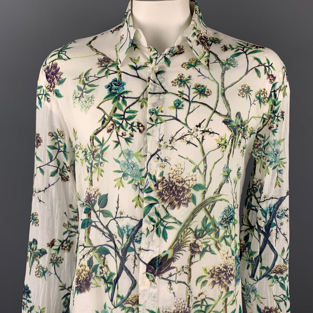 JUST CAVALLI Size XXL White & Green Floral Print Cotton Button Up Long Sleeve Shirt