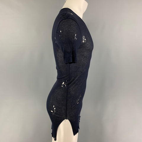 BALMAIN SS18 Size M Navy Blue Distressed Cotton Destroyed Long T-shirt