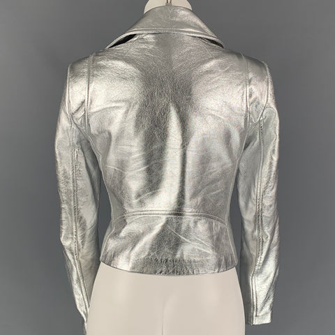 Chaqueta motera de cuero metalizado plateado talla S ALC