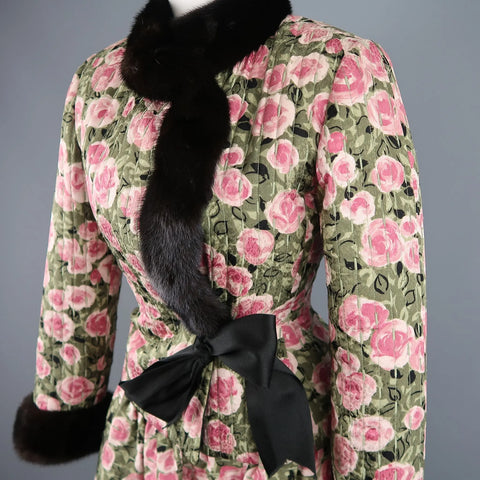 BILL BLASS Size 8 Pink & Green Rose Print Cocktail Dress & Mink Jacket Set BILL BLASS