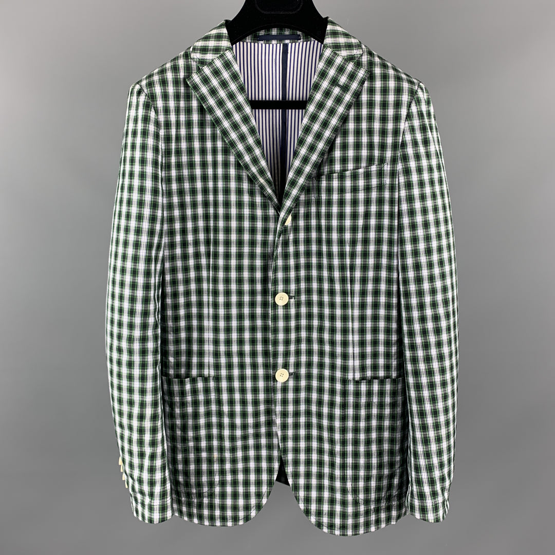 SHIPS Size 34 Green Black & White Plaid Cotton Notch Lapel Sport Coat