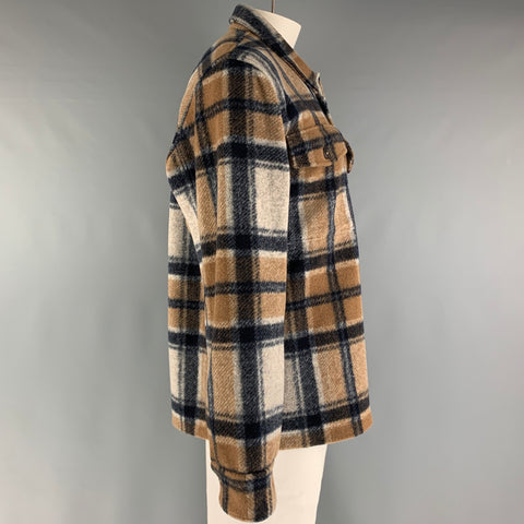 TODD SNYDER Size XL Beige Navy Plaid Polyester Wool Jacket