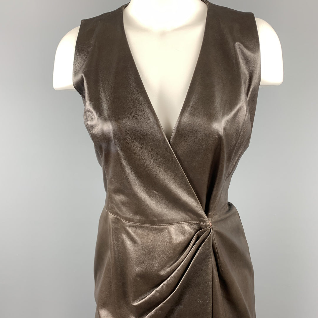 OSCAR DE LA RENTA Size 4 Brown Leather Draped Sleeveless Wrap Dress OSCAR DE LA RENTA Size 4 Brown Leather Draped Sleeveless Wrap Dress