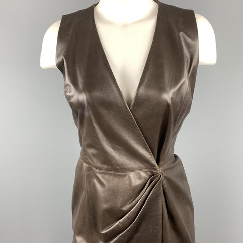 OSCAR DE LA RENTA Size 4 Brown Leather Draped Sleeveless Wrap Dress