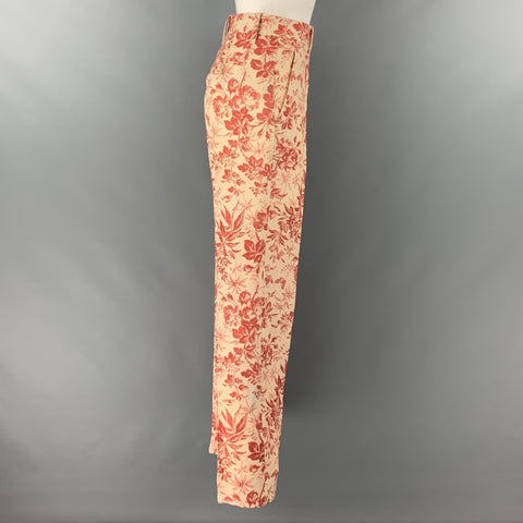 GUCCI Size 2 Cream Burgundy Linen Floral Flat Front Dress Pants